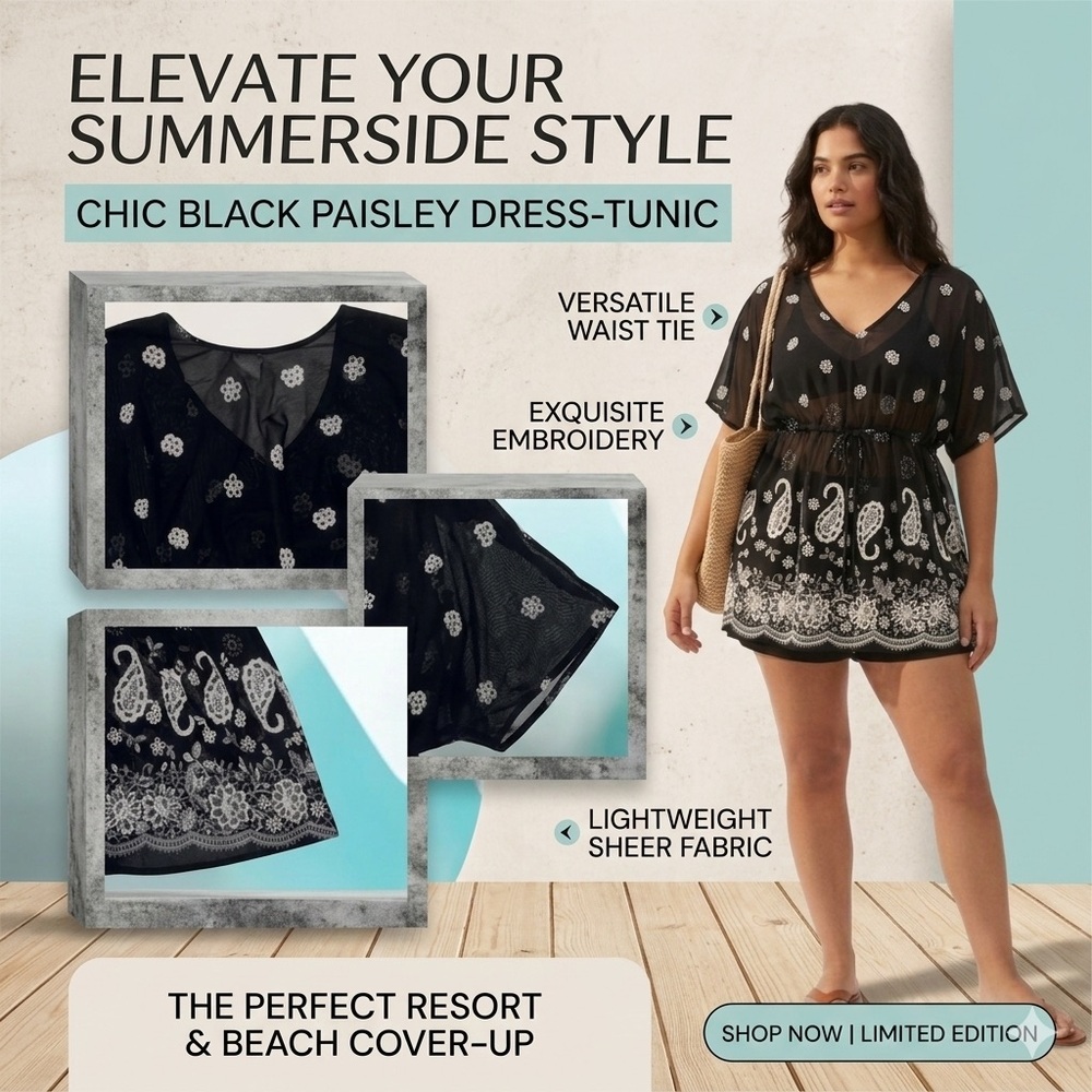 Black Paisley Swim Cover-Up Tunic with Waist Tie